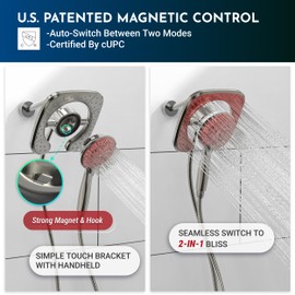 PRIMSOPH Shower Head Handheld Spray Combo 10 Mode Spray Settings Magnetic 2-in-1 High Pressure Dual Showerhead Auto-Switch Square Combination, Brushed Nickel