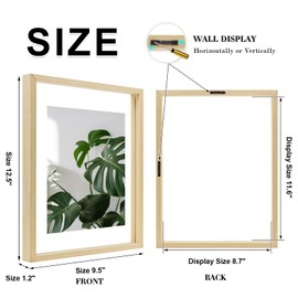 Egofine 9x12 Floating Frames Set of 2, Double Plexiglass Picture Frame, Made of Solid Wood Display Any Size Photo up to 9x12, Wall Mount or Tabletop Standing, Natural Wood