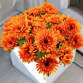 FOUSUKA 2 Pack Artificial Fall Flowers Fake Mums Flower for Outdoor Faux Silk Large Chrysanthemum Fall Bouquet Arrangements for Home Decor Indoor Kitchen Table Centerpiece Porch Cemetery Decoration