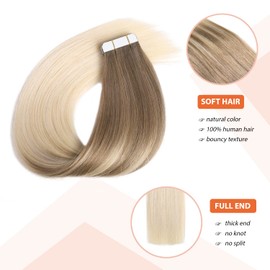 Tape in Hair Extensions 20 Inch Ash Brown to Platinum Blonde Tape in Hair Extensions 50g 20Pcs Stright Real Human Hair for Women(#8/60,20Inch)