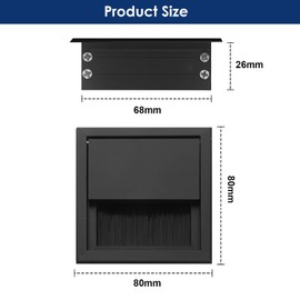 Cable Grommets with Brushes, Pack of 2 80 x 80 mm Rectangular Cable Grommets Aluminium Alloy Table Desk Wire Hole Cover Cable Grommet Organiser for Computer Desk Table (Black)