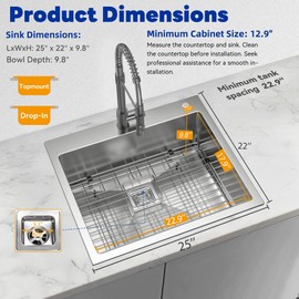 SYNTHACY Drop In Kitchen Sink 25 x 22 x 10in, Stainless Steel 304 Silver Single Bowl Handmade Top Mount Countertop Sink w/Grid, Square Drain, Foldable Roller for Workstation, Home Kitchen, Bar, RV