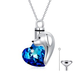 Dog Urn Necklace for Ashes Sterling Silver Pet Puppy Cremation Keepsake Memorial Jewelry for Ashes with Simulated Sapphire Blue Heart Crystal from Austria