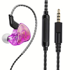URIZONS QKZ Hi7T Transparent Dynamic Resin Headphones DJ Monitor Earbuds - 3.5mm Wired in-Ear Earphones with Mic Volume Adjustable Hi-Fi Stereo Heavy Bass Headset for Sports/Gaming/Gym (Purple)