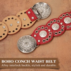 WHIPPY Western Belts for Women Vintage Disc Waist Belts Concho Leather Belts Boho Waist Belt for Dress Jeans, Red, M