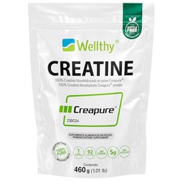 Wellthy Creatina Monohidratada Creapure® 460g. 100% Pura. Solo 1 Ingrediente Creatina Alemana Creapure®. Vegana, Sin Azúcar, 92 porciones, 5g por porc