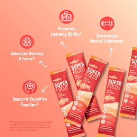 Nello SuperFocus Focus Drink Mix – Fruit Punch Flavor – 75mg Caffeine, Alpha GPC, Lion’s Mane, Rhodiola & N-Acetyl L-Tyrosine – Sugar-Free, On-The-Go Packets – 20 Servings