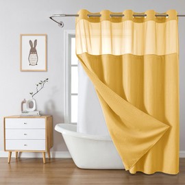 eachope Gold No Hook Waffle Weave Shower Curtain with snap-in Liner Replacement, 230GSM Waterproof Fabric Hotel Shower Curtain Set for Bathroom, Through Mesh Top Window,71Wx86H