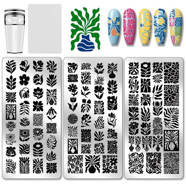 PH PandaHall 3pcs Flower Nail Stamping Plates Leaves Patterns Nail