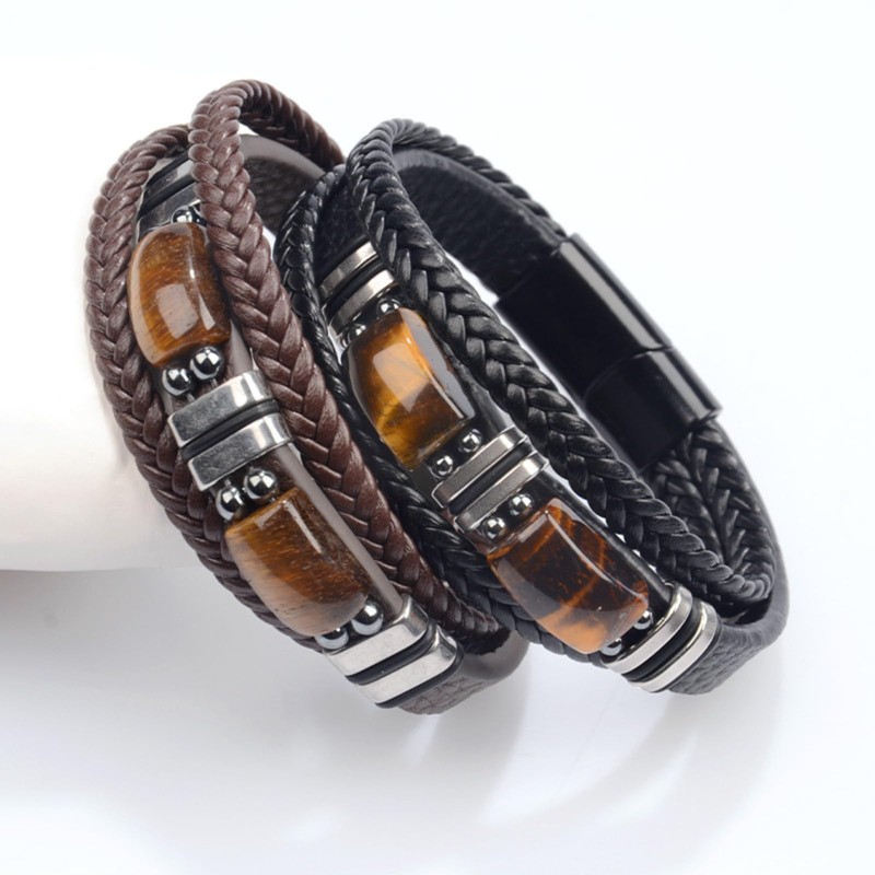 Harmi&Aur Leather Beads Bracelet Men Strong Clasp Steel Wristband Three-Row