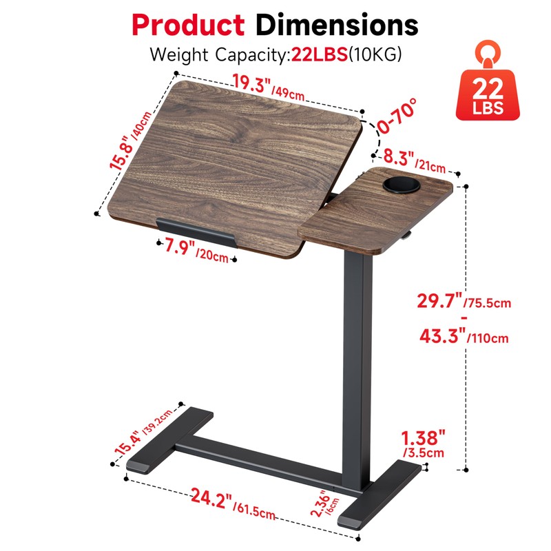 Okin Overbed Bedside Table with Wheels, Adjustable Medical Tilt Top