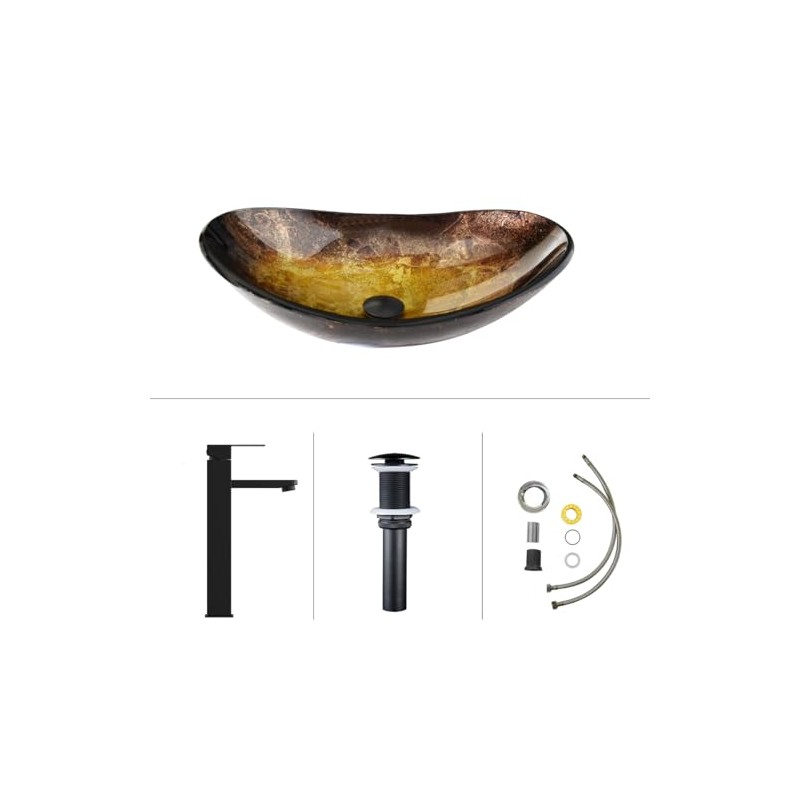 Bathroom Boat Shape Artistic Glass Vessel Sink Free Black Faucet