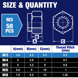 LEONTOOL 50Pcs M3 x 0.5mm Locknuts, Metric Self-Lock Nylon Inserted Hex Lock Nuts Black Zinc Plated 304 Stainless Steel Self Clinching Nut for Auto, Machine, Furniture, Tiny Nut with Storage Box