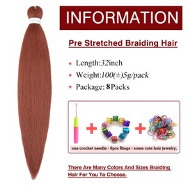 Pre Stretched Braiding Hair Copper Red Long Braid 32 Inch 8 Packs Braiding Hair Extensions Professional Synthetic Fiber Crochet Twist Braids(32inch,#350)