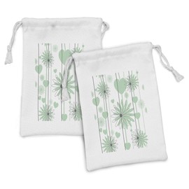 Lunarable Hearts Fabric Pouch Set of 2, Floral Abstract Striped Background Soft Color Daisies Nature Flourish, Small Drawstring Bag for Toiletries Masks and Favors, 9" x 6", Mint Green Charcoal Grey