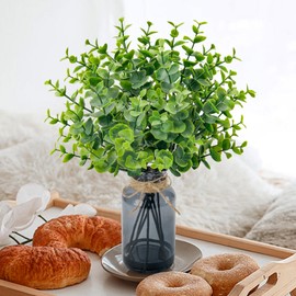 Der Rose 14.5" Artificial Eucalyptus Stems in Black Glass Vase with Faux Water Fake Plants Eucalyptus Leaves for Bathroom Home Office Desk Wedding Decor