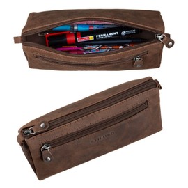 STILORD 'Alexis' Leather Pencil Pouch Vintage Pen Case Holder with Zipper for Women Men for School Office in Genuine Leather, Colour:Missouri - Brown