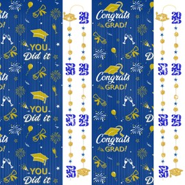 2025 Graduation Decorations 2 Pack Foil Fringe Curtains and 2 Pack Garlands Blue and Gold Banner Bunting Streamer Backdrop for Graduation Party Supplies