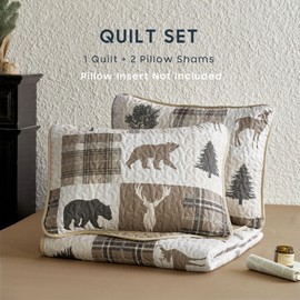 Wake In Cloud - Rustic Quilt Set, Cabin Lodge Christmas Bear Moose Deer Wildlife Western Patchwork Country, Reversible Lightweight Bedspread Coverlet, 3 Pieces, Tan Brown, Twin/Twin XL Size