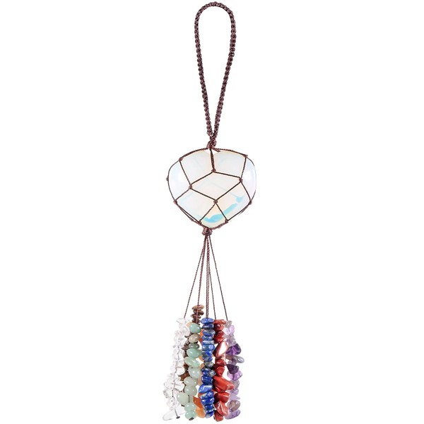 SUNYIK Healing Opalite Stone Heart Shape Hanging Ornament, Handmade Tumbled Crystal Stones Tassels Decoration for Garden Car Chakra Balancing