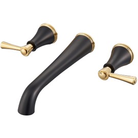 SITGES Polished Gold and Black Wall Mount Bathtub Faucet with Two Level Handles,10.5" Spout Reach Solid Brass High Flow Wall Tub Filler,Rough-in Valve Included