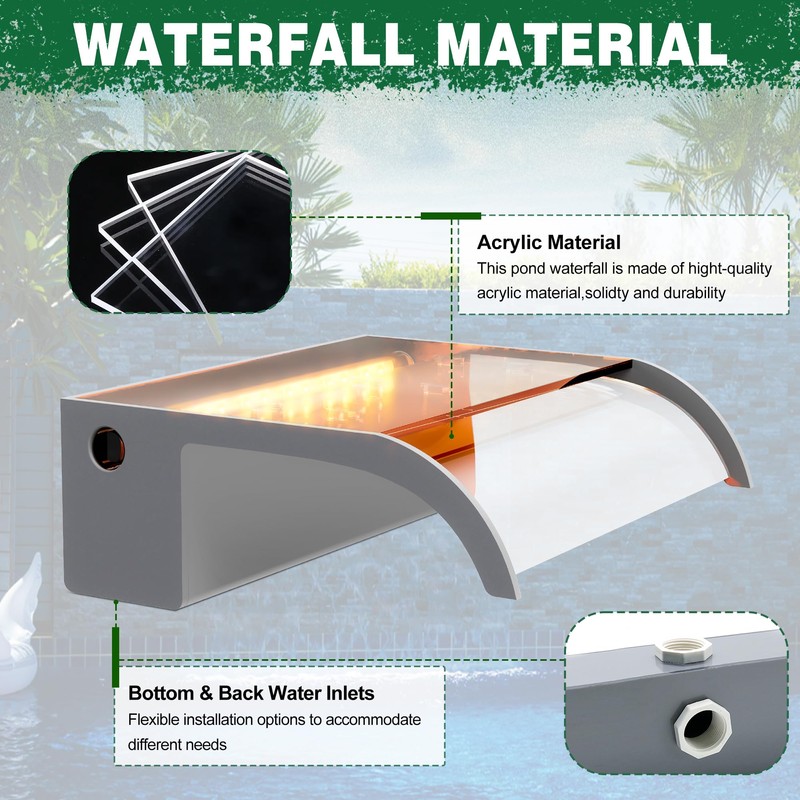 Waterfall Pool Fountain, LONGRUN Waterfall Spillway for Koi Ponds -