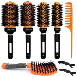 Round Brush Set for Blow Drying, Ceramic Ion Thermal Barrel Brush, 4 Different-Sized Boar Bristle Round Hair Brush and Curved Vented Brush, Round Brush Set for Straightening, Add Volume & Shine