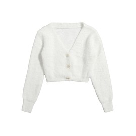 GORGLITTER Women's Open Front Cardigan Fuzzy Pearl Button Up Long Sleeve Crop Sweater Outerwear Jackets White Small