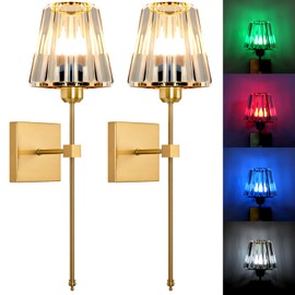 Battery Operated Crystal Wall Sconces Set of 2,Gold Rechargeable Wireless Wall Sconces with USB Dimmable 15 Colors Modes Led Wall Lights, Wall Lamp for Bedroom Living Room Entryway ,2 Bulbs Included