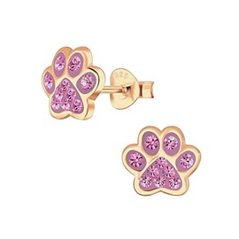 Paw Print Earrings - Rose Gold Plated Sterling Silver with Pink Crystal Stones