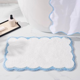 ELDONE Cute Scalloped Bathroom Rugs, Microfiber Tufted Bath Mats, Fun White and Blue Bathmat for Bath Room Bathtub Shower, Preppy Trendy Bathroom Mat for Sink Bedroom, 30" x 20"