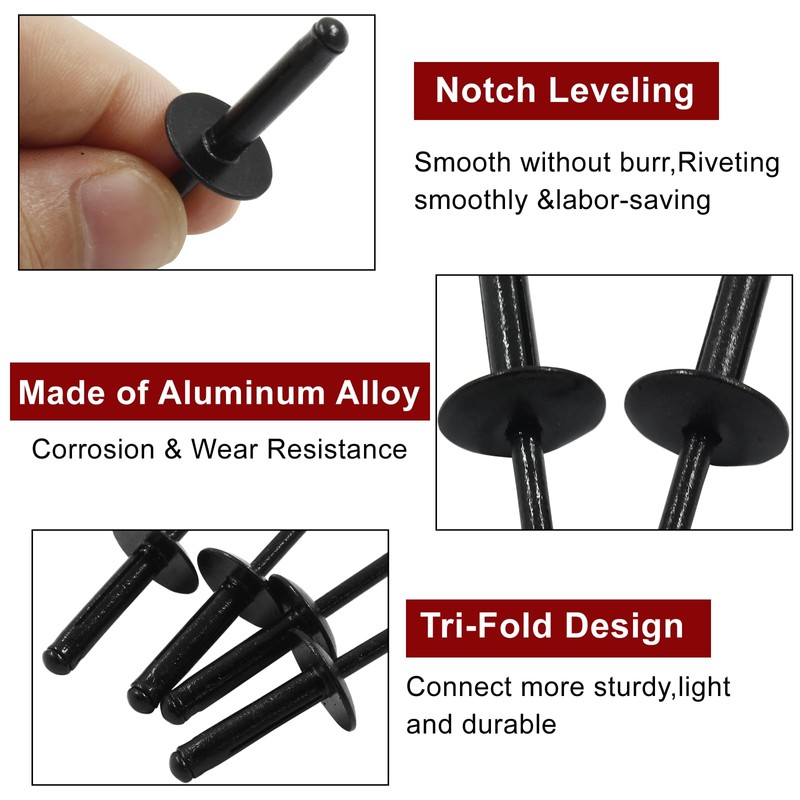 Zorveiio 100Pcs Black Aluminum Tri-Fold Exploding Pop Rivets 3/16 Large