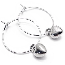 Heart Charm Hoops, Small Hoops 20mm Diameter, Silver Tone Nickel Free Hoop Earrings with 3D Tibetan Silver Loveheart Charms, Gift for Women, Everyday Jewellery