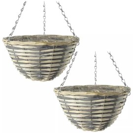 Fyne-Finds Set of 2 Natural Grey Cream Wicker Hanging Deco Basket 30cm,12Inch Lined Willow Planter with Metal Chains