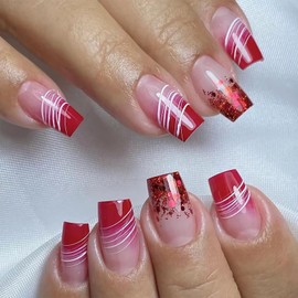 MISUD Press on Nails Short Square Fake Nails Glossy Glue on Nails Red Ombre Acrylic Nails Squoval Artificial Nails Bling Glitter Stick on False Nails with Swirl Design 24 pcs