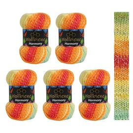 5 x 100 g Wollbiene Harmony Batik, 500 g with Colour Gradient, 30% Cotton, Multicoloured Knitting Wool, Crochet Wool, Wool, All-Year Wool (8020 Green, Red, Orange, Yellow)