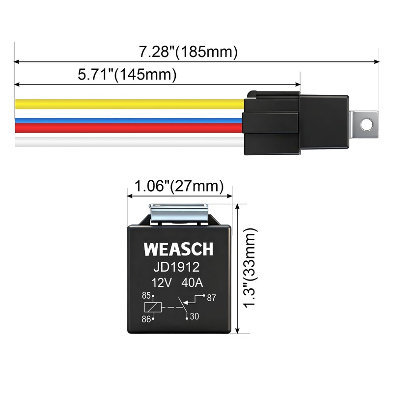 Weasch JD1912 Car Relay Harness, 12V 40A, 4 Pin SPST,