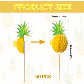 Yellow Pineapple Cocktail Picks – 50 Pineapple 3D Paper Honeycomb Wooden Sticks for Drinks, Cakes, and Party Decorations, Ideal for Summer and Hawaiian Parties