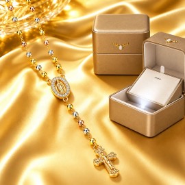 Rosario Virgen De Guadalupe 3 Oros Oro 18k Laminado Con Caja