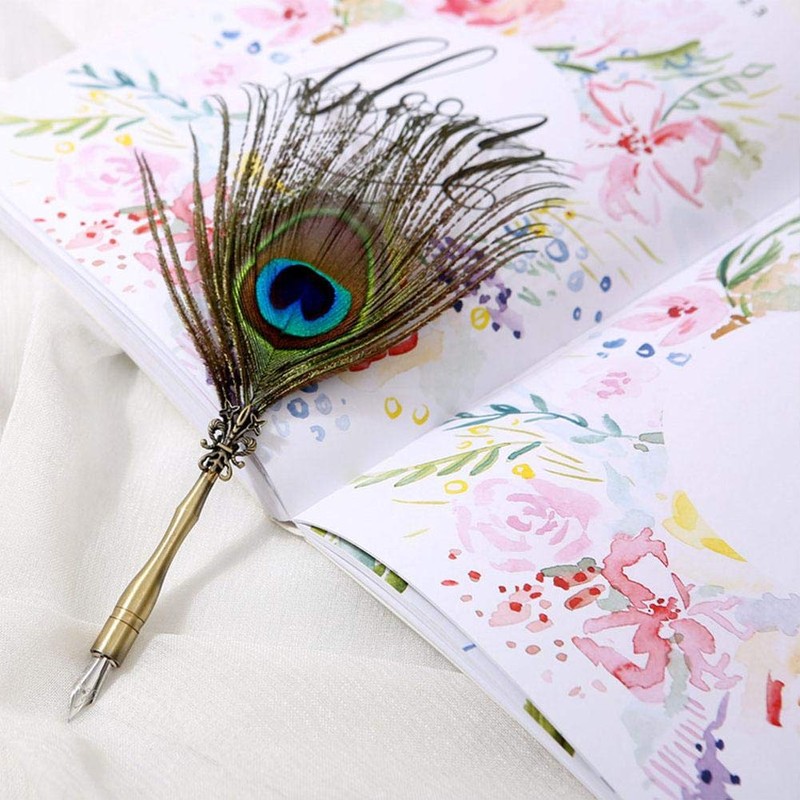 Vikye Peacock Feather Dip Pen with Writing Ink Retro Calligraphy