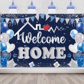 Welcome Home Decorations Banner Backdrop - Retirement Family Porch Sign Banner for Women Men, Blue Silver Welcome Back Theme Party Supplies for Baby Boy Girl