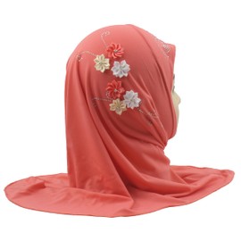 Modest Beauty girls Muslim Islamic Scarf Hijab Handmade flower lovely Rhinestone Headscarf for Kids, Watermelon, One Size