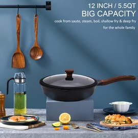 Vinchef Nonstick Deep Frying Pan Saute Pan with Lid, 12in/5.5Qt Fry Pan, German 3C+ Ceramic Coating Technology, Heat Indicator, Induction Compatible