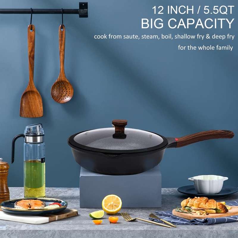 Vinchef Nonstick Deep Frying Pan Saute Pan with Lid, 12in/5.5Qt