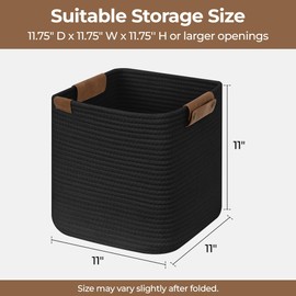 StorageWorks Black Woven Baskets, Cotton Rope Basket with Leather Decoration, Storage Organizer for Shelves, Closest, Living Room,11 inch, 3 Pack