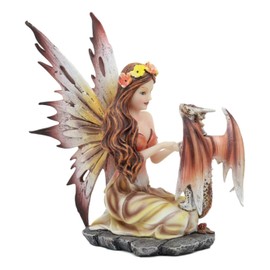 Ebros Beautiful Scarlet Fire Fairy Goddess With Pet Spotted Dragon Figurine Meadows of Fae Garden Collector Sculpture Statue Of Medieval Renaissance Fantasy Legends Dragons And Dungeons