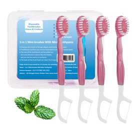 JOUGE Mini Disposable Toothbrushes with Toothpaste 5 in 1 Travel Portable Toothbrush with Toothpaste + Tongue Scraper + Picks+Floss Travel Case (Peach, 10)