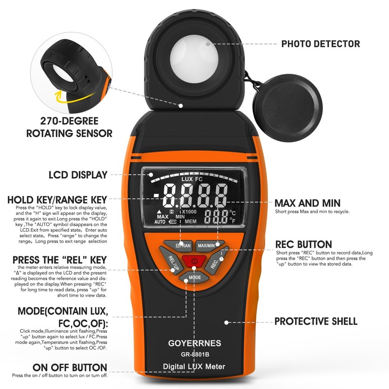 GOYERRNES Illuminance Light Meter, Digital Lux Foot Candles Meter 0.1~400,000