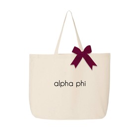 sockprints Tote Bags with Alpha Phi Color Bow - Classic Sorority Name Design - Large Canvas Tote Bag for Women and Sisterhood