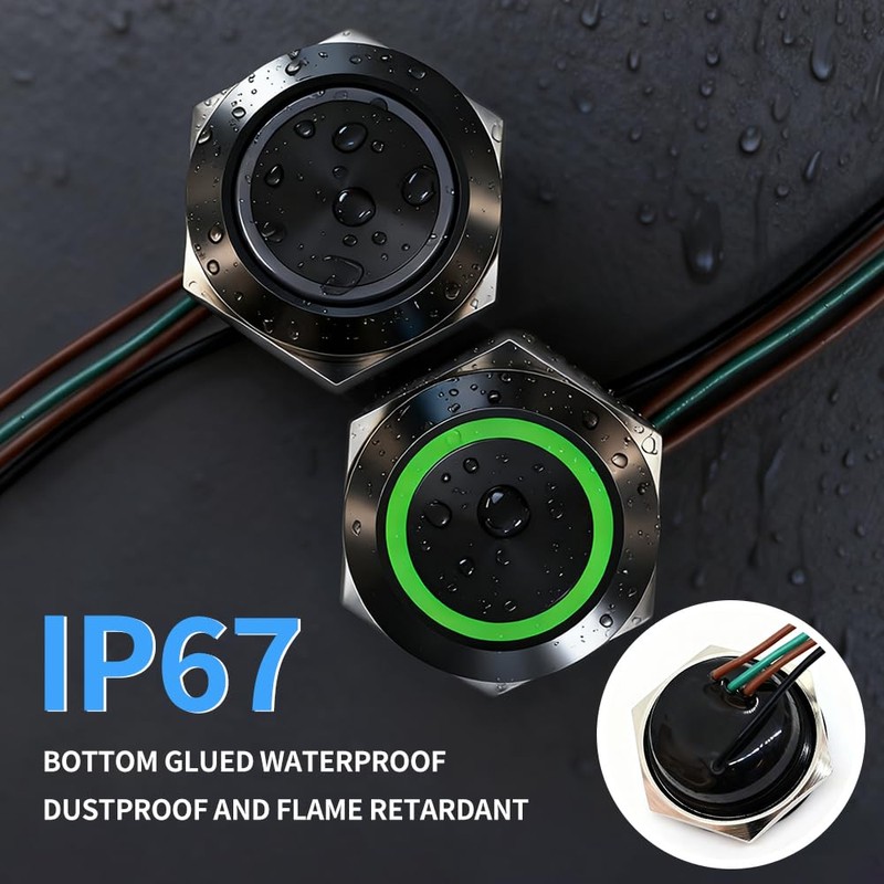 FILN 2PCS 19mm Momentary Push Button Switch, Ultra-Thin Waterproof IP67